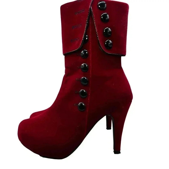 Red Velvet Button-Up Ankle‎ Boots With Fold-Over Design & Stiletto Heels Size 39 - Picture 3 of 16